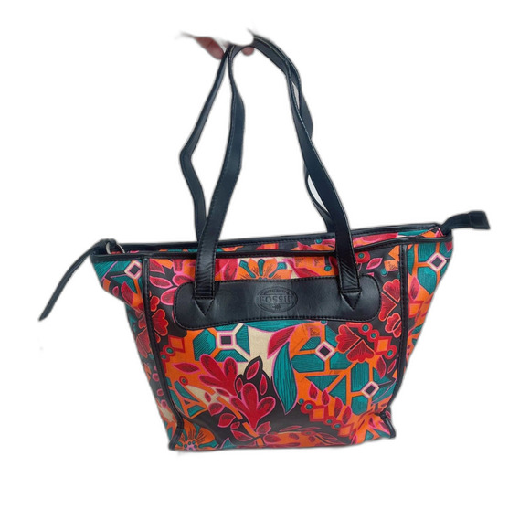 Fossil KeyPer Orange and Pink Flower Floral Tote Bag Black Leather Purse - Picture 2 of 11